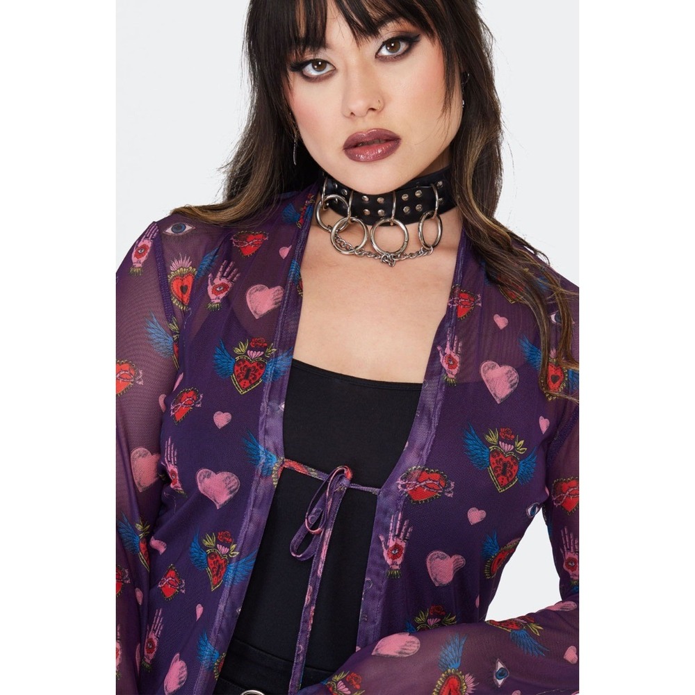 Jawbreaker Purple Mesh Sacred Heart Hamsa Evil Eye Cardigan‎ S Goth Grunge
